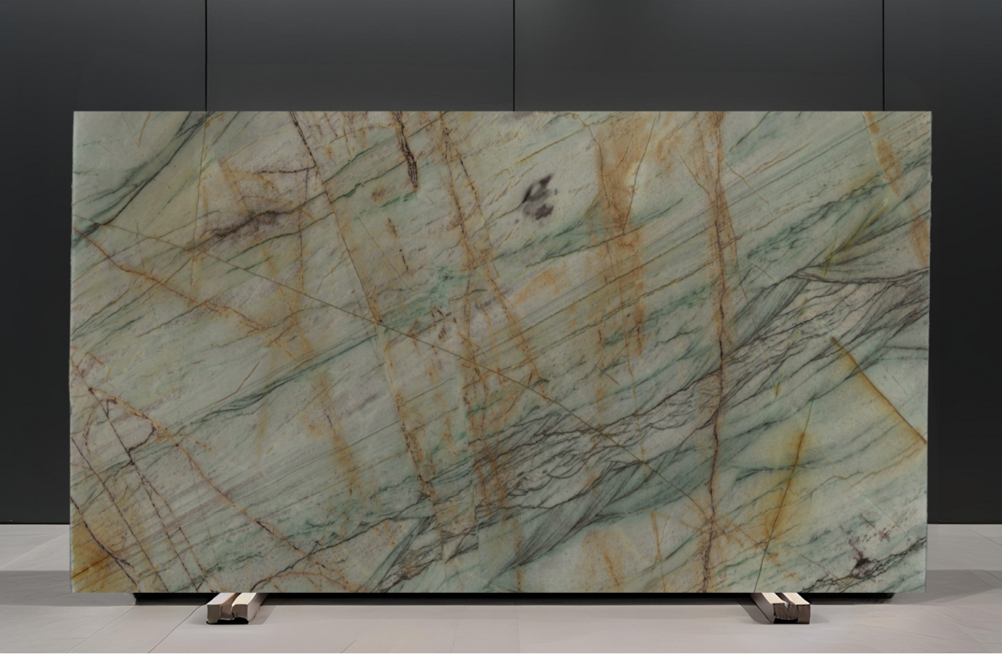 Marble slab with green and brown patterns on a gray background