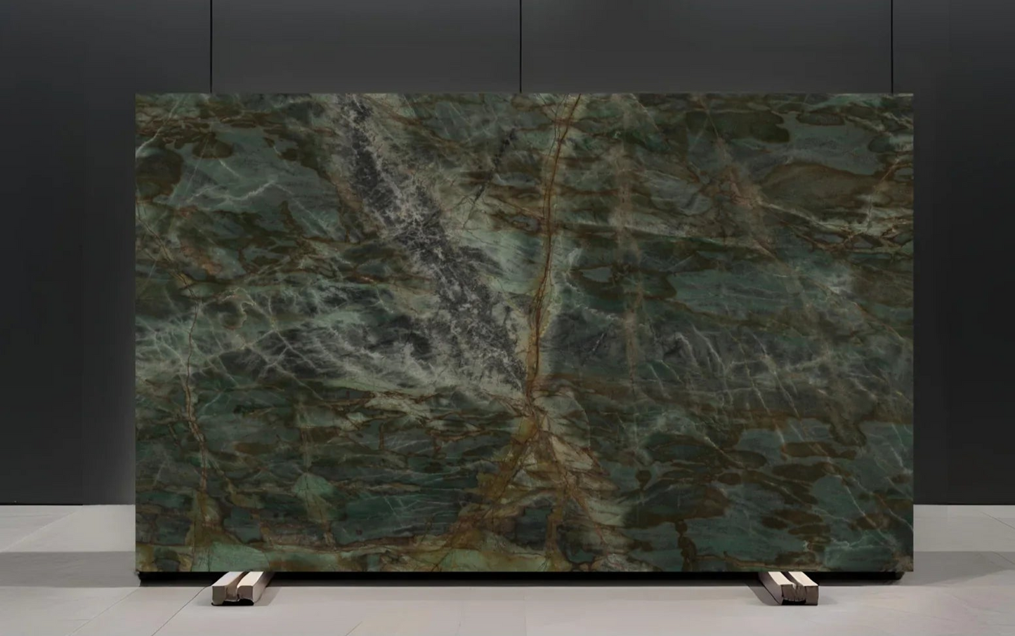  slab with green and brown patterns on a dark gray background
